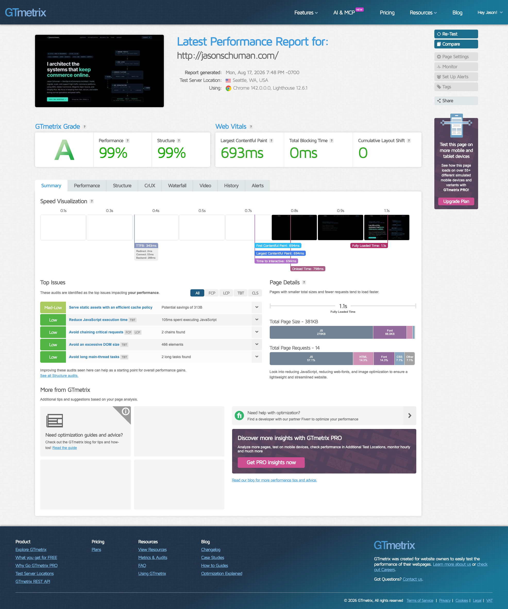 GTmetrix report summary for jasonschuman.com showing the grade badge, Performance and Structure scores, and the Web Vitals row
