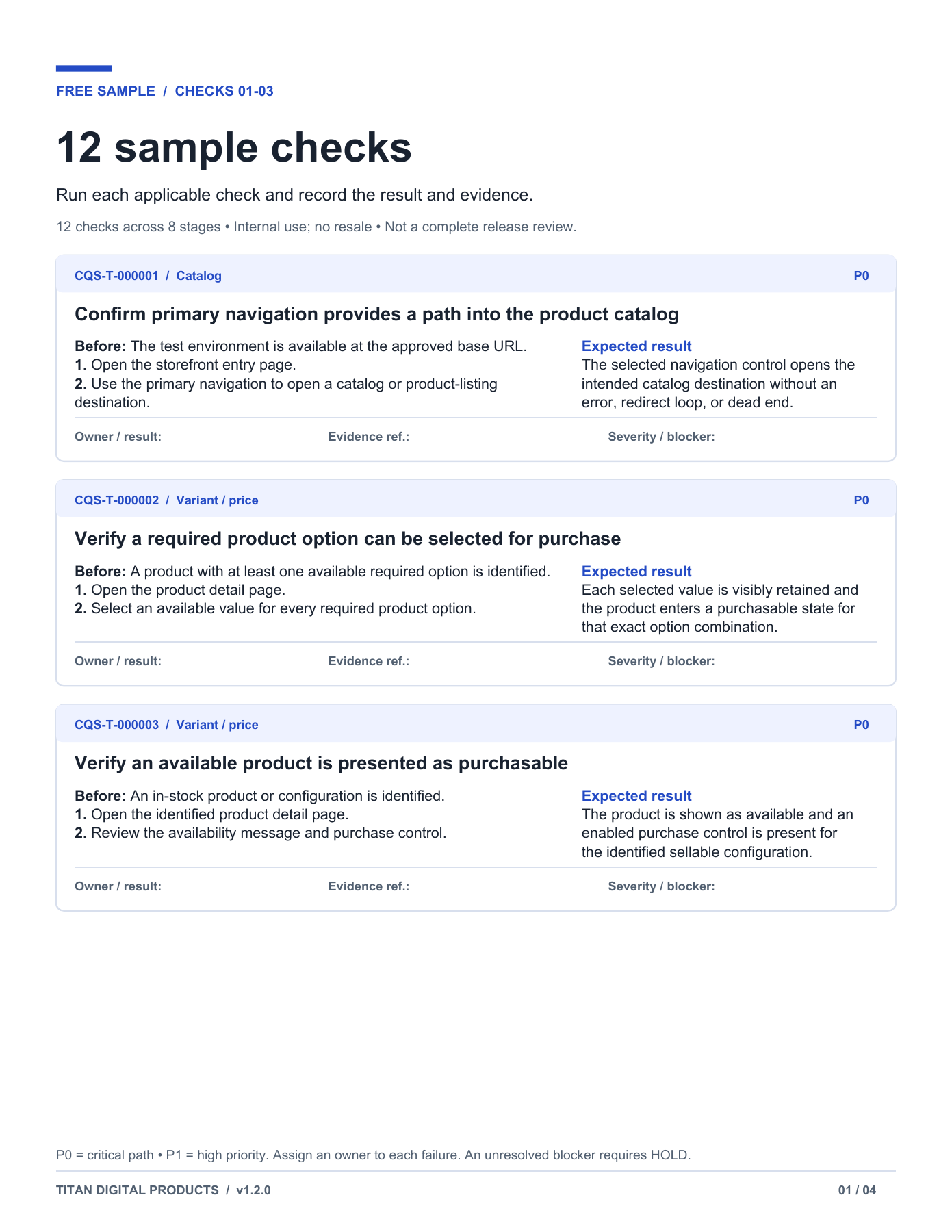 First page of the real 12-check free sample, including steps and expected results